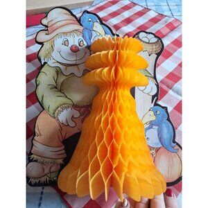 Rare Vintage Scarecrow Honeycomb Halloween Pumpkin Table Decoration 8" X 10 1/2"